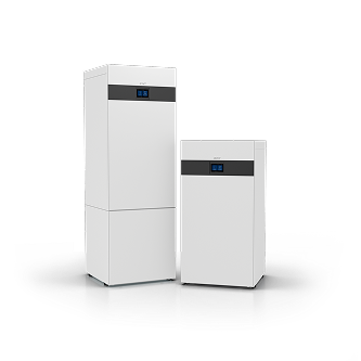 Produktbild på två IVT bergvärmepumpar i olika storlekar, stående bredvid varandra.