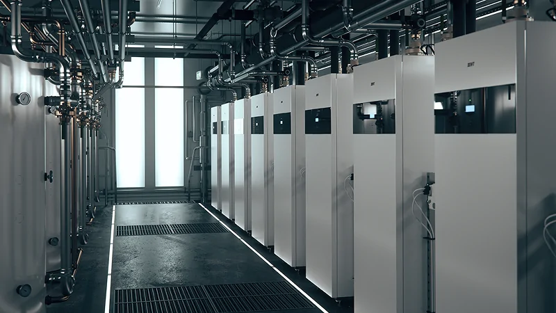 Industriellt pannrum med flera IVT värmepumpar installerade i rad och synliga rördragningar i taket.